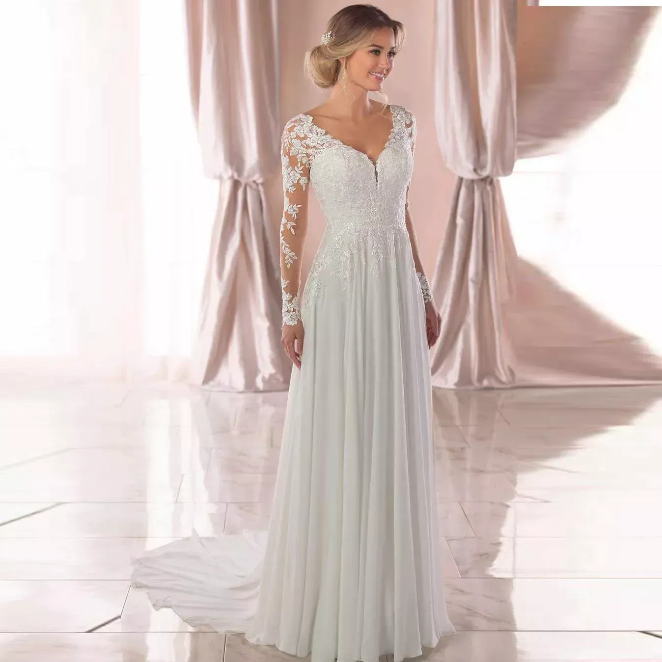 Bohemian Chiffon A e Wedding Dresses Long Train Bridal Gowns Appliques Lace Sleeve White V Neck Boho Beach Bride Dress Vestidos De Novia Robes Mariage