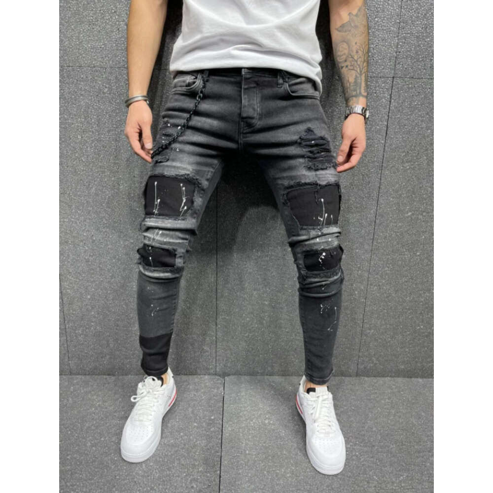 Spring Festival Does Not Close. Men's Distressed Printed Sell on Sale, with Patches and Elastic Small Leg Jeans