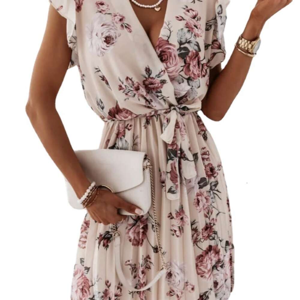 New Floating Sleeves Wrapped Waist Fragmented Flower Pleated Dress