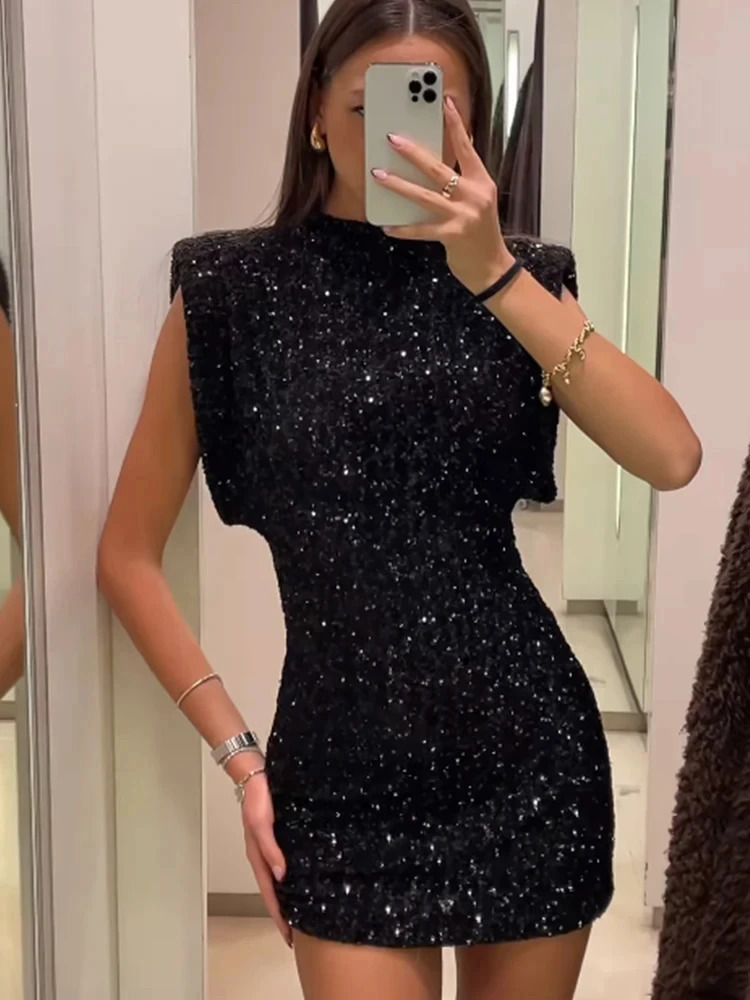Silm Shoulder Pads Sequin Mini Dress For Woman Elegant Round Neck Sleeveless Female Black Dresses Winter Hoilday Party Prom Gown 240228