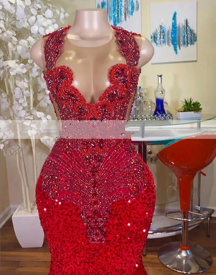 Red Long Mermaid Dresses 2024 Black Girls Sheer Crew Neck Dias Style Sparkly Rhies Crystals Sequined Prom Party Formal Evening Gowns 6660311