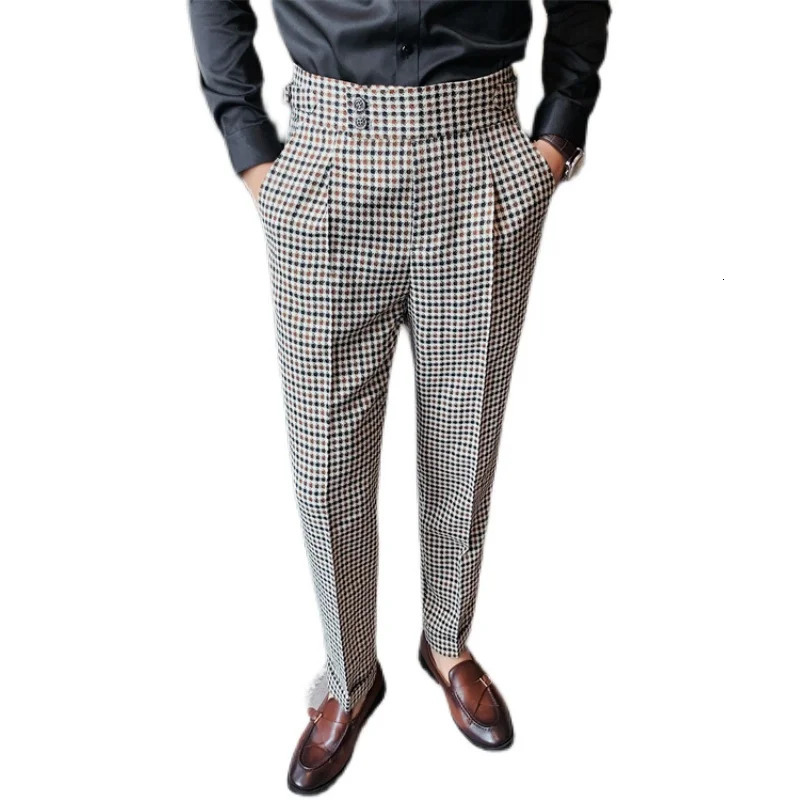 British Style Men High Waist Business Dress Pants Fashion Houndstooth Office Social Suit Pants Wedding Groom Casual Trousers Men 240305