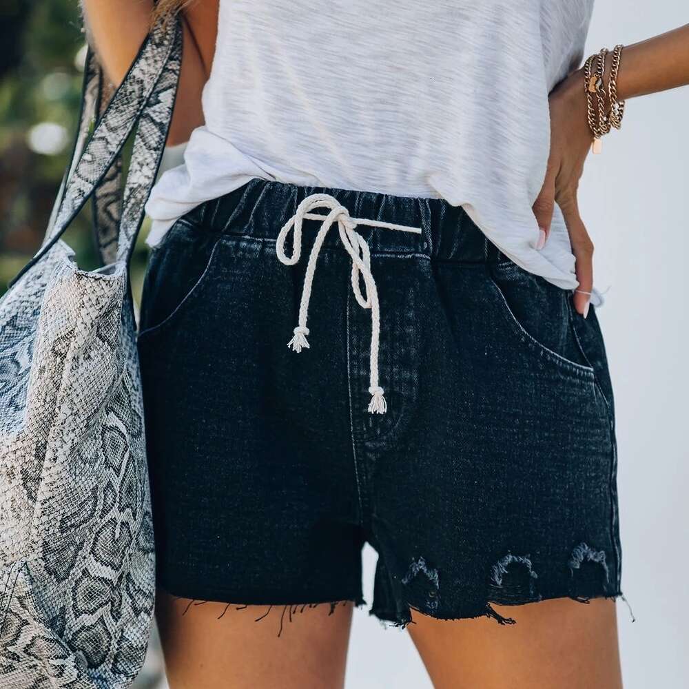 2024 Summer New Denim Shorts, Casual Water Wash, Cut, Broken Hole, Ragged Edge, Rubber Band Waist Shorts for Women