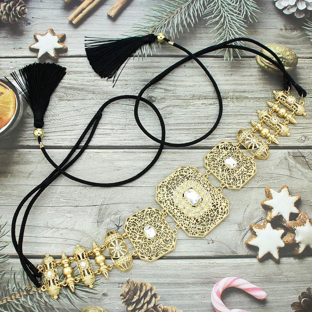 Sunspicems Morocco Hand Ropes Belt Gold Color Women Caftan Tassels Hollow Arabesque Metal Waist Chain Bride Woven Jewelry 240311