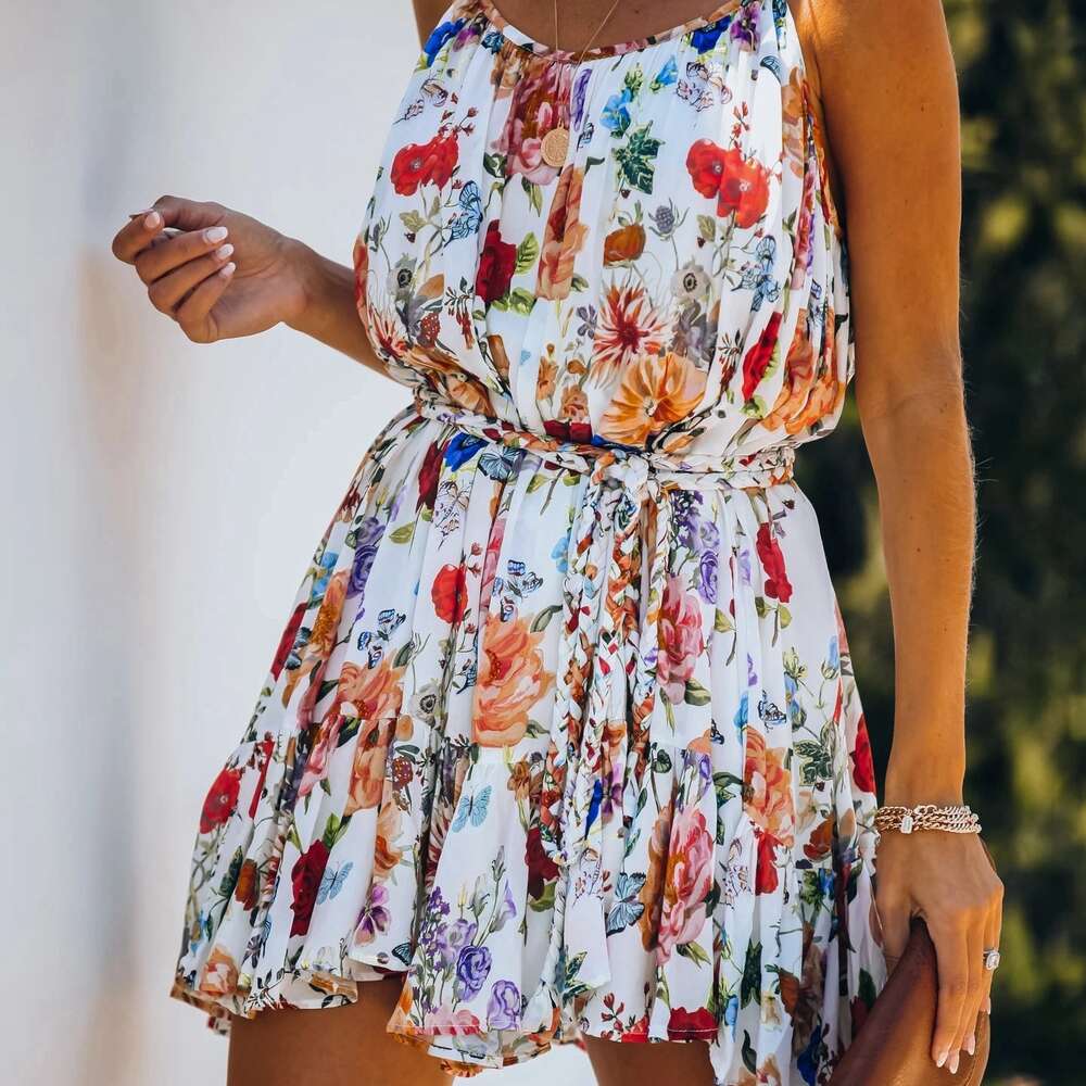 2024 Summer New Printed Ruffle Edge Sling Dress