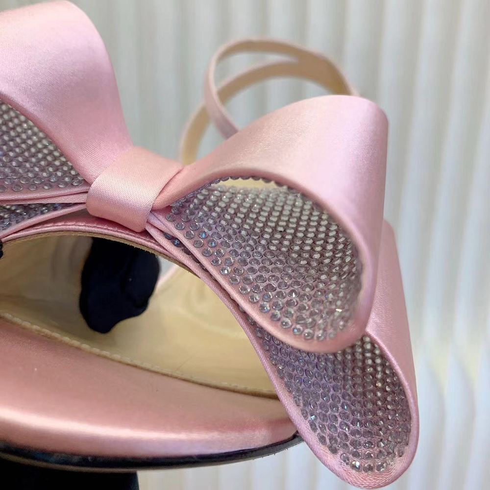 Mach Mach Satin bowtie stiletto Sandals pumps ankle strap exposed toe leather outsole evening shoes women Luxury designers high heels factory footwear