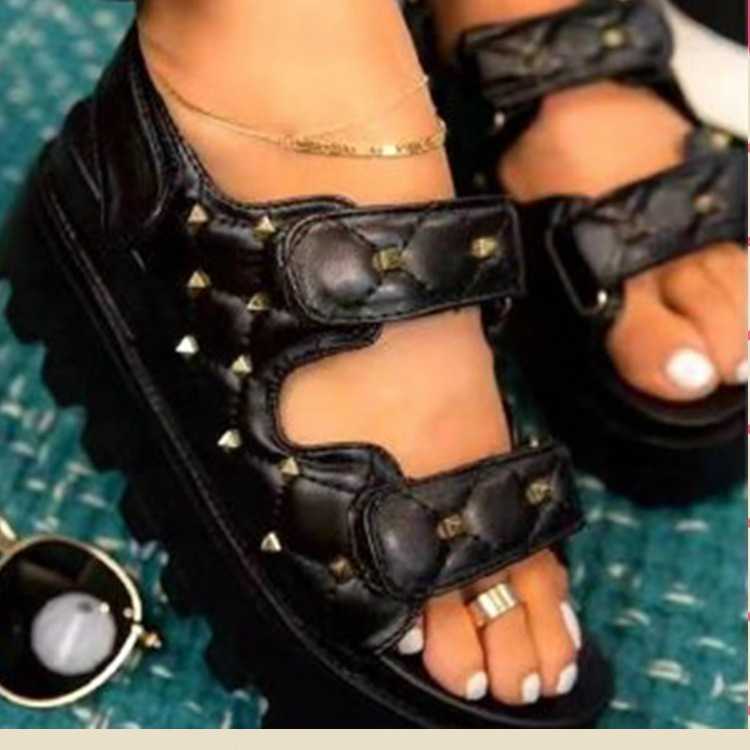 Sandals Sandals for women 23 new style rivet checkered sponge cake thick sole large size one word Velcro Roman sandals J240315