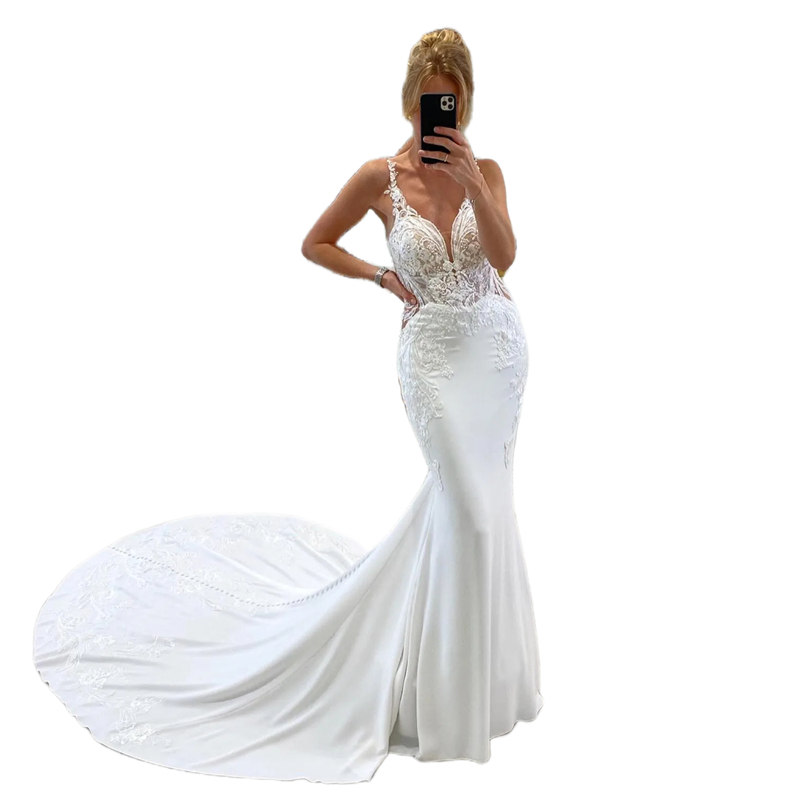2024 Boho Mermaid Wedding Dresses Sexy Backless Sleeveless Long Satin Bridal Gown Lace Appliques Spaghetti Summer Beach Bride Wear White Ivory Robe De