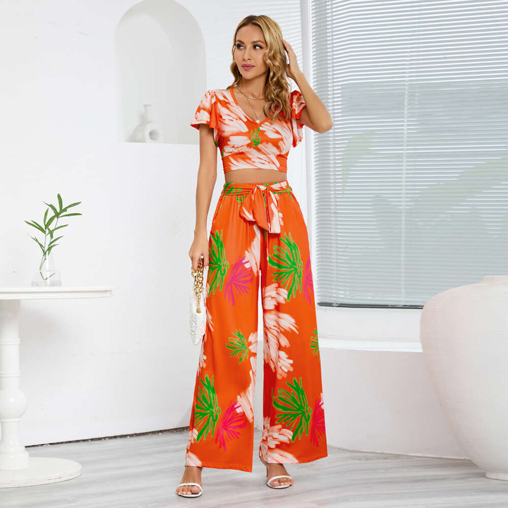 2024 Summer New Women's Wide Leg Slim Casual Style Two Piece Skirt Pants Set