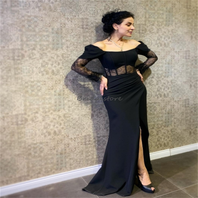 Fitted Black Prom Dress With Slit Off Shoulders Long Sleeve Satin Mermaid Evening Dresses Elegant Dinner Formal Dance Party Dress 2024 Special Occasio