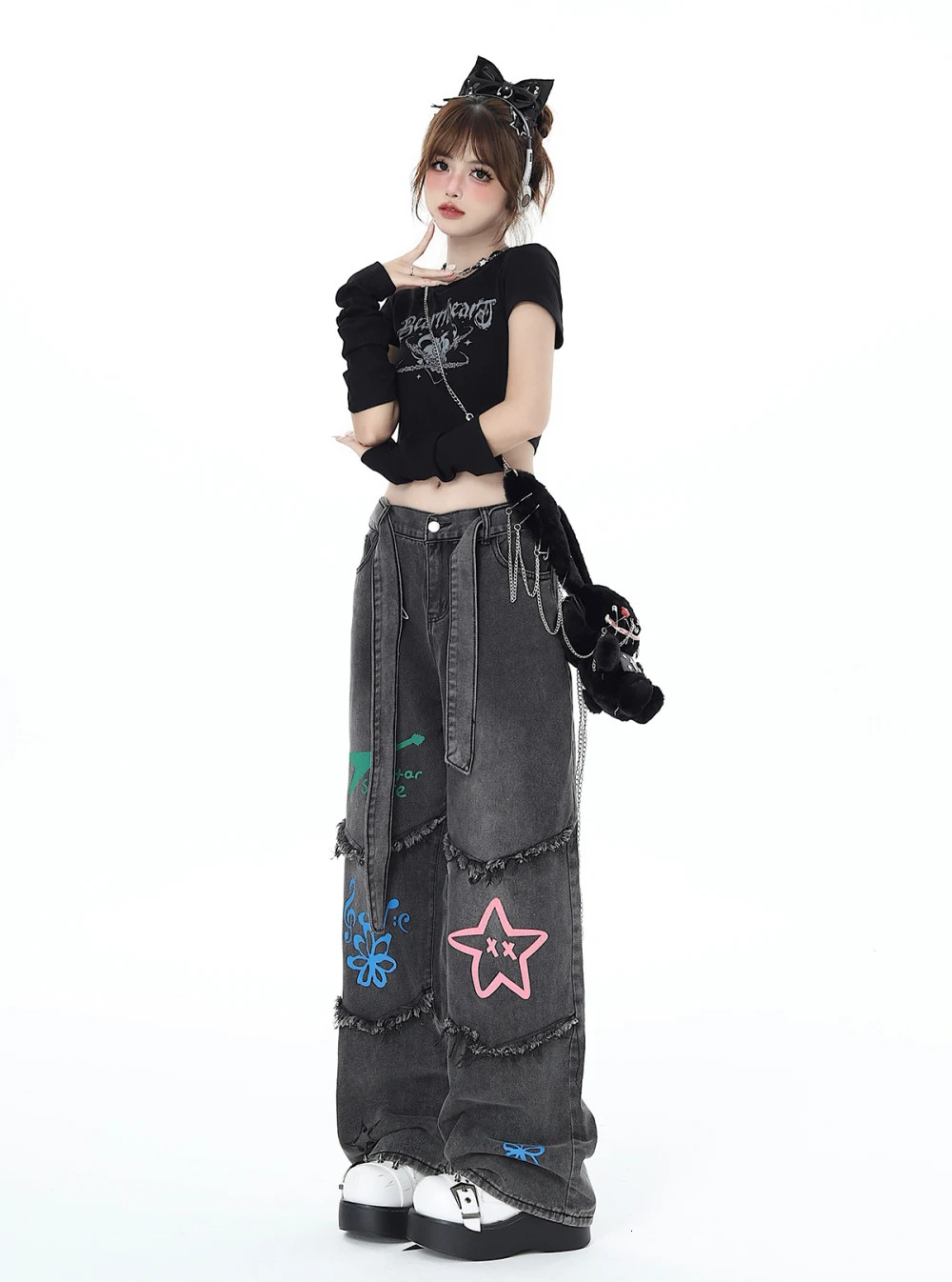 American Retro Graffiti Womens Jeans Autumn Winter Casual Star for Women Patchwork High Waist Y2K Pants with Belt 240307