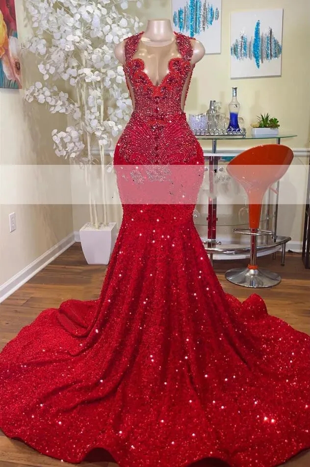Red Long Mermaid Dresses 2024 Black Girls Sheer Crew Neck Dias Style Sparkly Rhies Crystals Sequined Prom Party Formal Evening Gowns 6660311