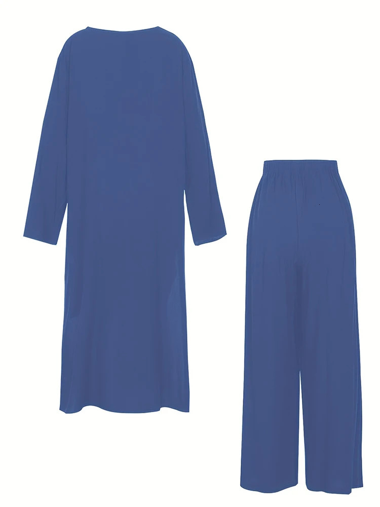 Plus Size Womens 2023 Fall Two Piece Outfits Long Sleeve V Neck Shirts Wide Leg Pants Casual Cotton Linen Tracksuits Sets 240307