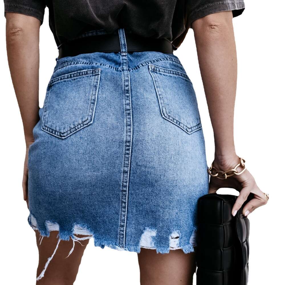 2024 Summer New Denim Short Skirt Casual Bag Hip Wash Plush Edge Perforated Women