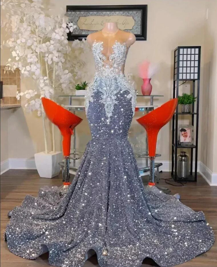 Glitter Sier Sequined Mermaid Prom Dresses Sheer Neck Lace Applique Beaded Sweep Train Formal Party Evening Gowns Robe Bc15713 0315 0220