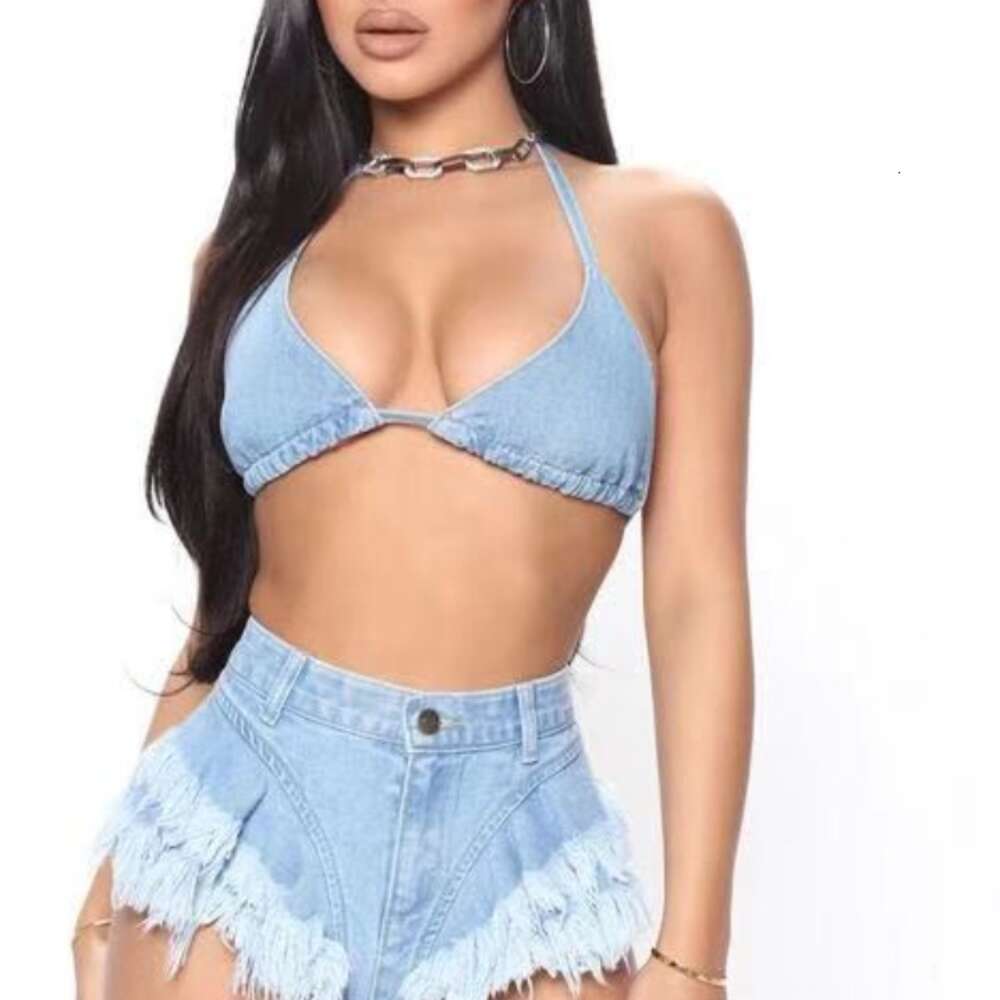 Ultra Short Triangle Denim Neck Hanging, Furry Edge Raised Buttocks Hot Pants, Sexy Nightclub Bikini Suspender Shorts, Trendy Store Set for Women