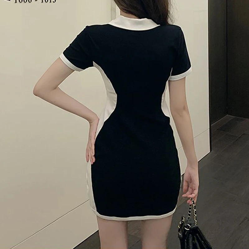 Summer Women Contrast Color Patchwork Polo Collar Bodycon Y2K Mini Dress Trendy Appliques Short Sleeve Sport Casual Dresses Ropa 240311