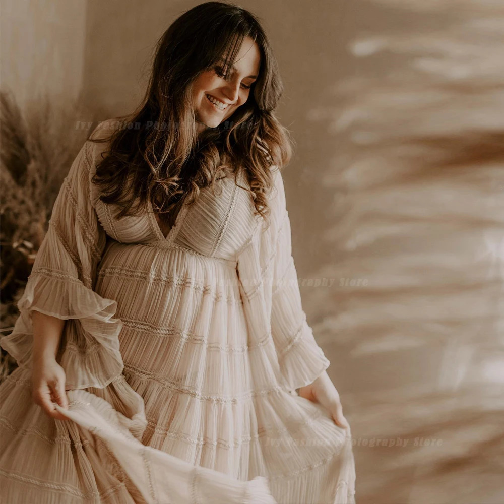 Bohemian Po Shooting Pregnancy Dress V-neck Long Sleeve Pleated Chiffon Elegant Maternity Pography Dress Boho Style 240315