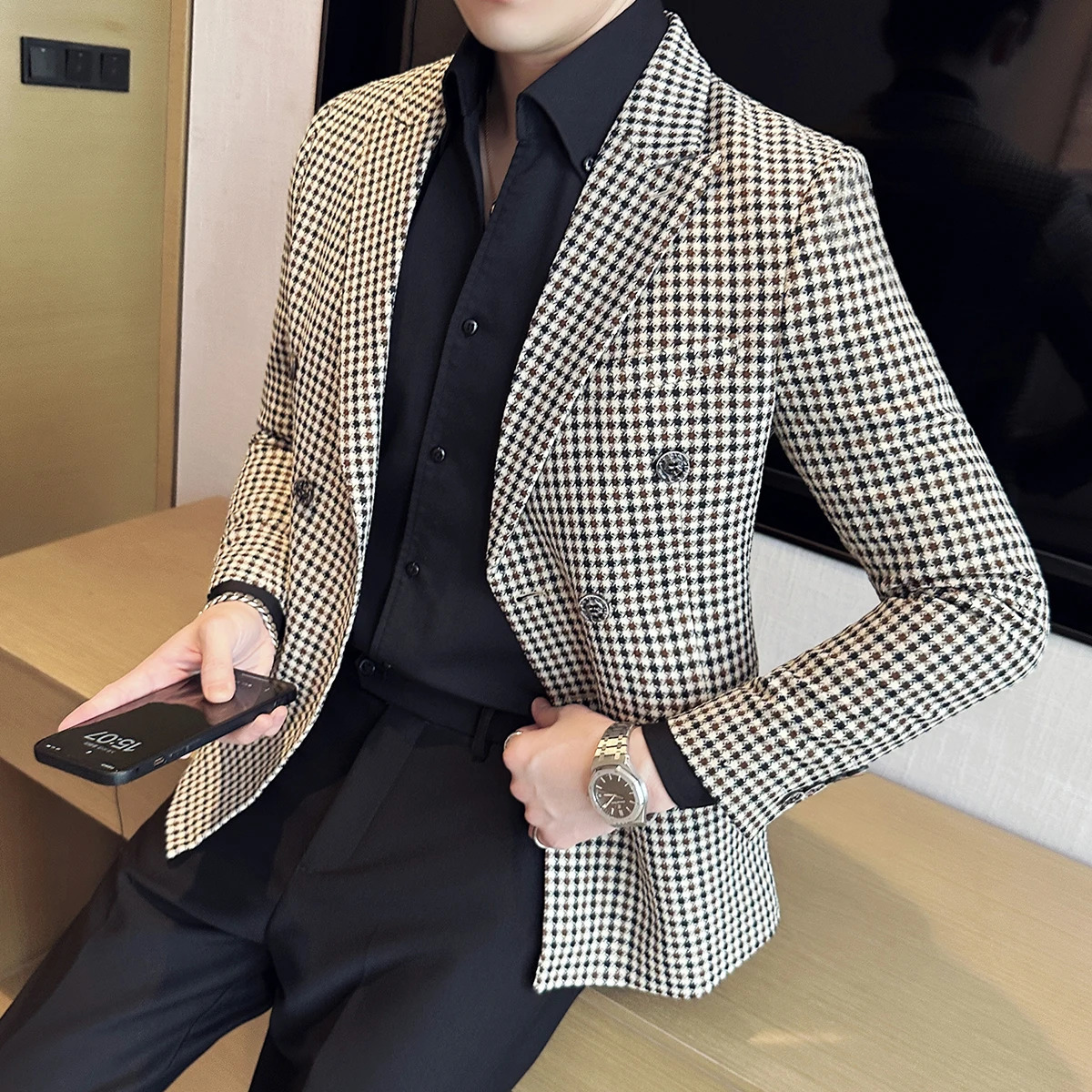 British Style Fashion Double Breasted Casual Blazer Coat 2023 Men Check Slim Fit Suit Jacket Formal Office Wedding Tuxedo 240311