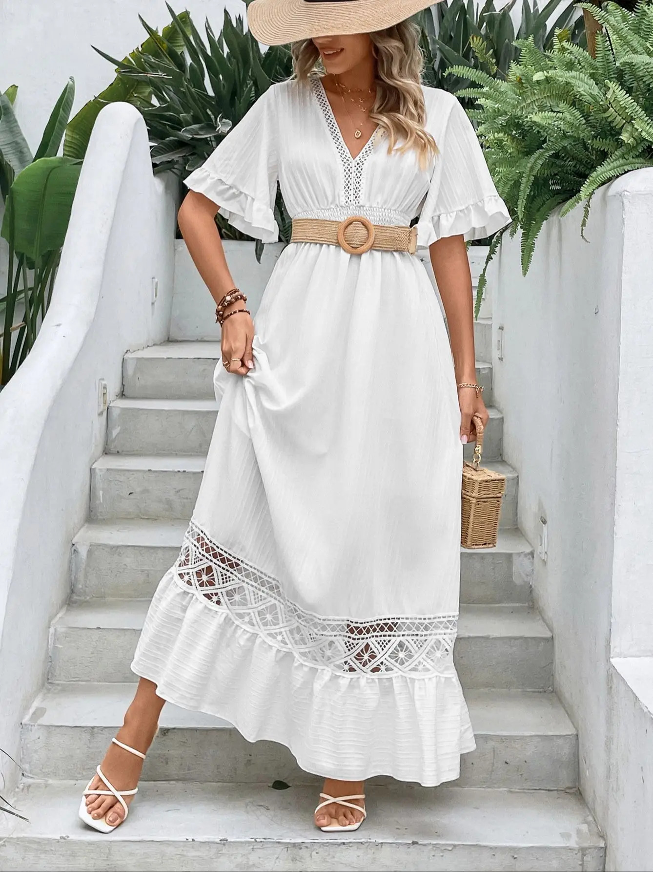 Elegant Solid White Long Dress Clothing Bohemia Hollow Hem Sexy Short Sleeves Dresses High Waist Beach Party Maxi 240313
