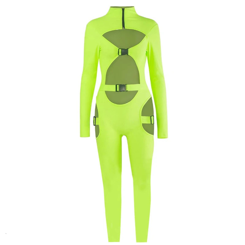 Sexy Women Bodycon Jumpsuit Solid Color Overalls Long Sleeves Rompers Bodysuits High Neck Hollow Out Buckle Biker Short Clubwear 240311