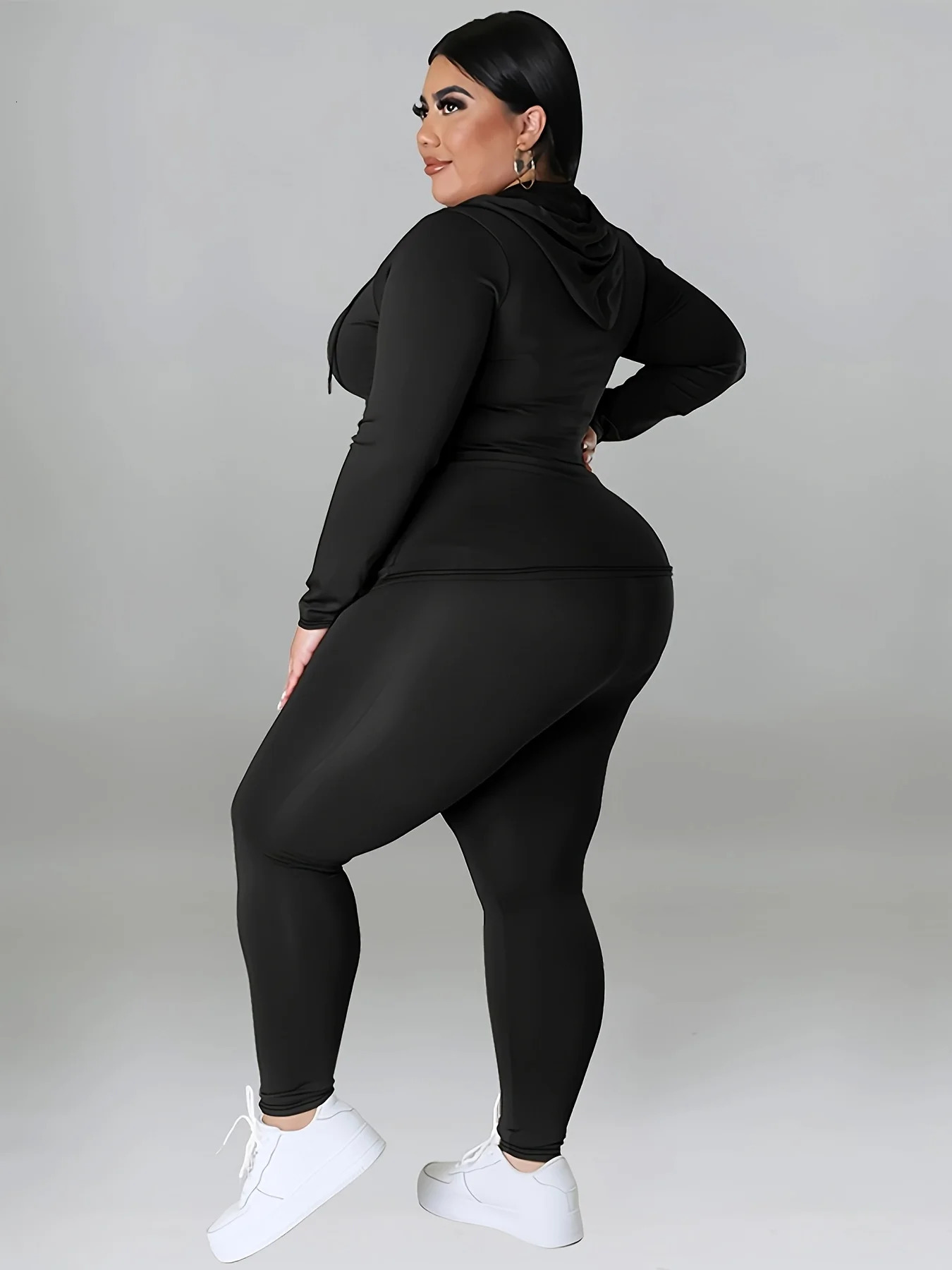 Plus Size Womens Spring Sports Hooded Solid Color Long Sleeved Top Pants 2pcs Set 240307