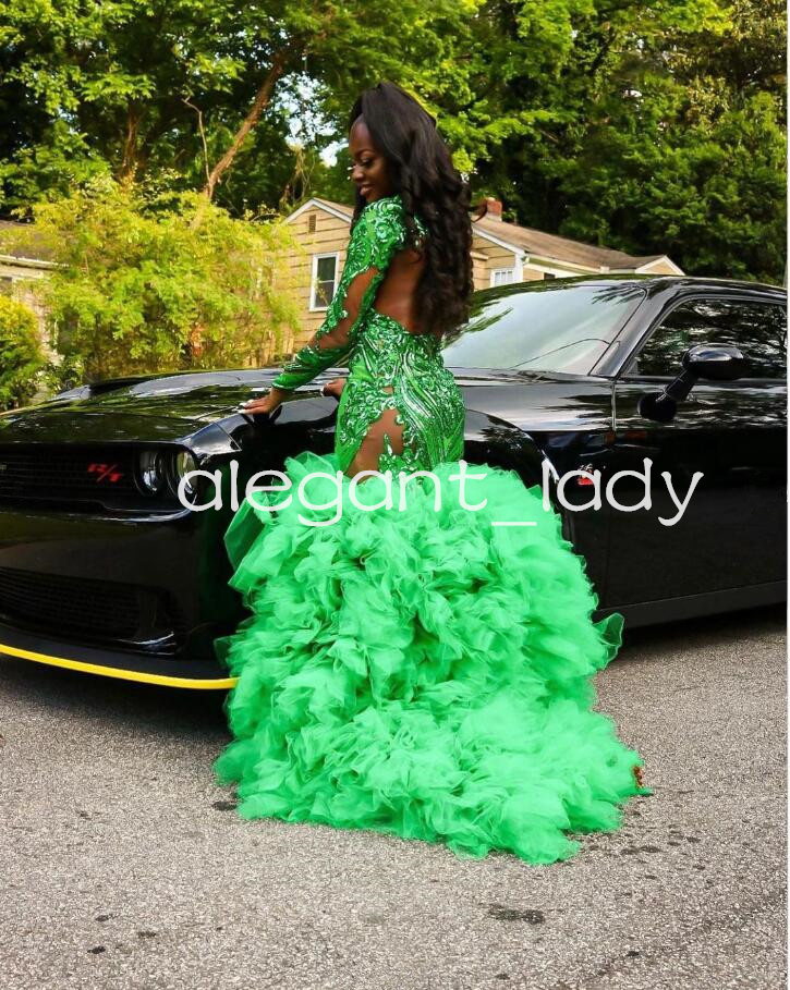 Emerald Green Long Sleeve Evening Formal Dresses 2024 Sparkly Applique Ruffles Skirt Black Girl Prom Birthday Gala Dress
