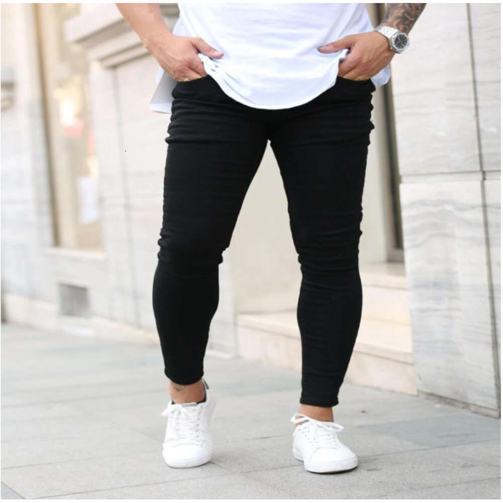 High Quality Men's Gold Classic Black Elastic Tight Fitting Small Leg Jeans New Style