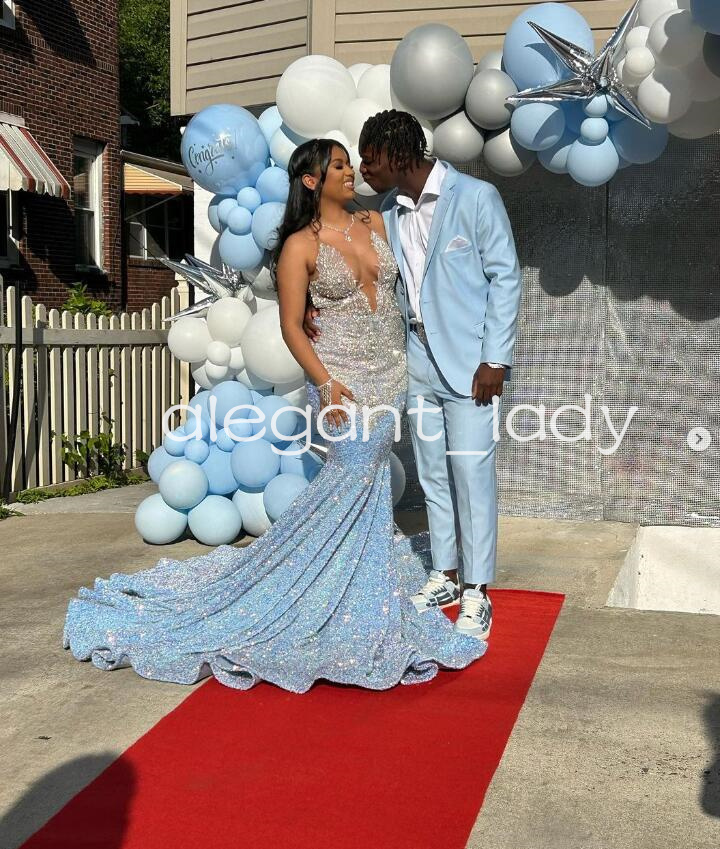 Sky Blue Sparkly Long Evening Formal Dresses for Women Luxury Diamond Crystal Velvet Sexy Black Girl Prom Birthday Gala Dress