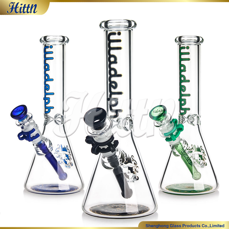 10 Inches Illadelph Beaker Bong Ill Thick Glass 14mm Joint Ice Catcher Water Pipe with Plastic Clip Blue Black Green