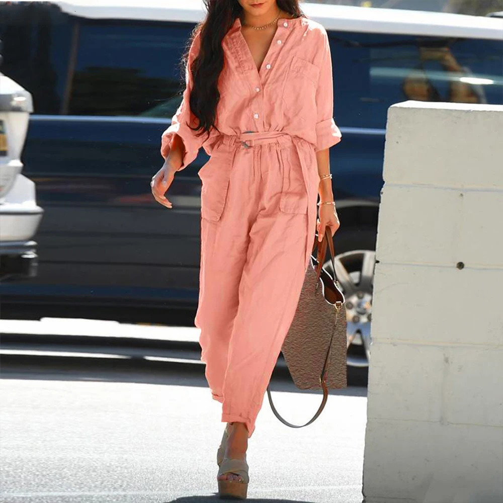 Cotton Linen Oversized Jumpsuit For Woman Tight High Waist Solid Loose Long Pants Female Clothing Rompers Bodysuit Trousers 240307