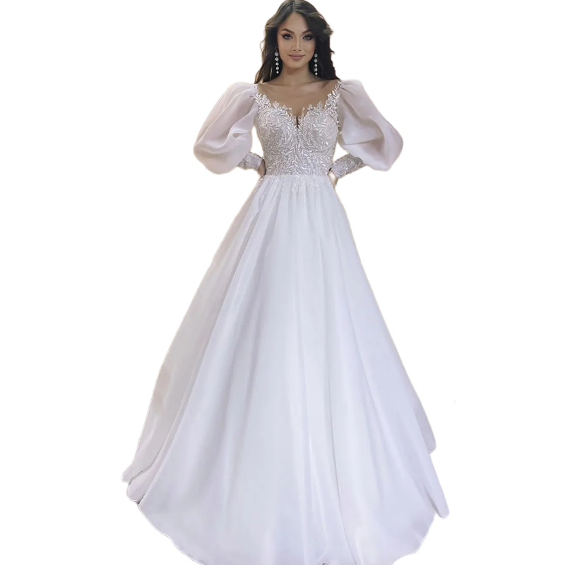 Puff Long Sleeves A Line Wedding Dresses Floor Length Sheer Crew Neck Lace Appliques Elegant Simple White Bridal Gowns Back Covered Buttons 2024