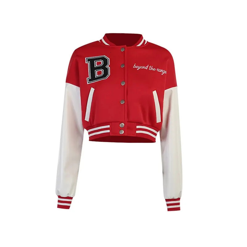 Women Loose Baseball Jackets Leather Long Sleeve Letter Embroidery Cropped Jackets 240229