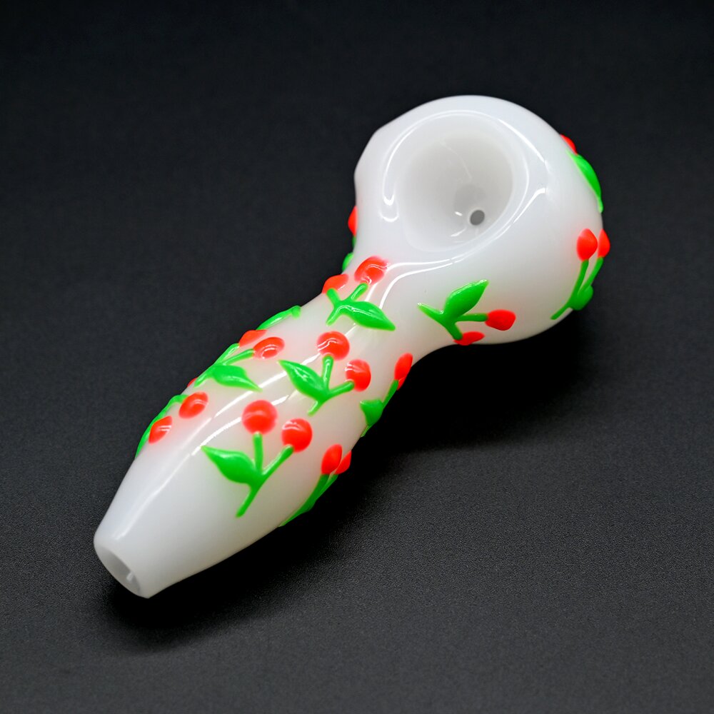 4in,Colorful Hand Drawn Glass Pipe,Cartoon Cherry Pattern With Glow In Dark,White Jade Pipe,Borosilicate Glass Bongs,Glass Hookah,Smoking Accessaries
