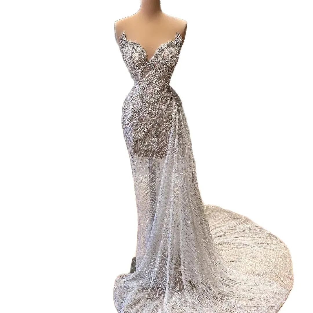 Elegant Sier Prom Dresses For Black Girls Beads Crystal V Neck Graduation Dress Birthday Party Mermaid Gowns Nigeria Vestidos De Gala 6660306