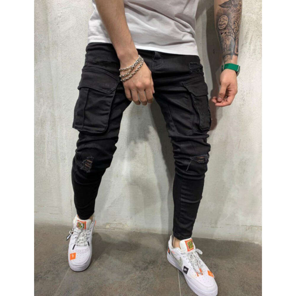 Spring Festival Does Not Close, Multiple Pockets with Holes, Elastic Small Leg Jeans, High-quality Denim Workwear Pants, Men's New Style