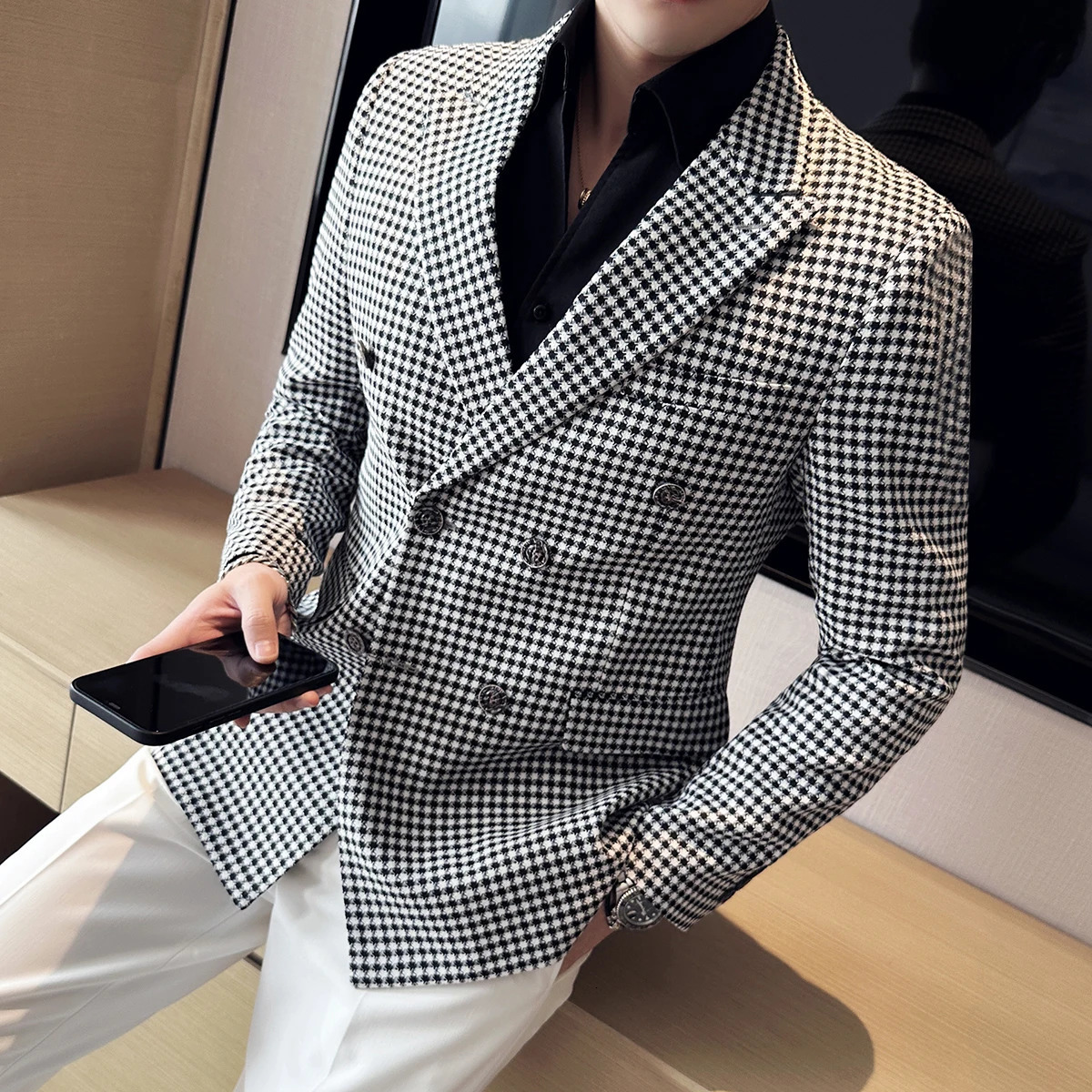 British Style Fashion Double Breasted Casual Blazer Coat 2023 Men Check Slim Fit Suit Jacket Formal Office Wedding Tuxedo 240311
