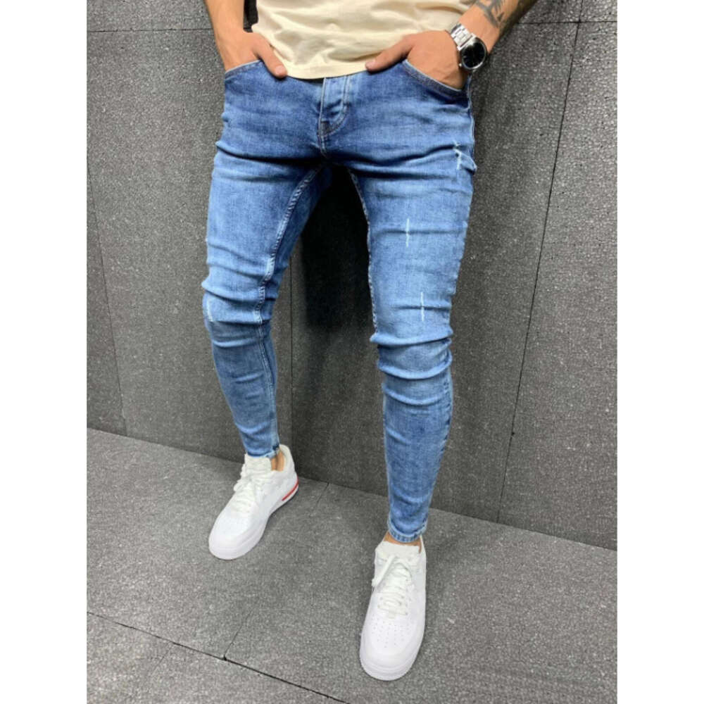 High Quality Worn-out Small Foot Stretch Tight Fitting Jeans, Men's Jeans