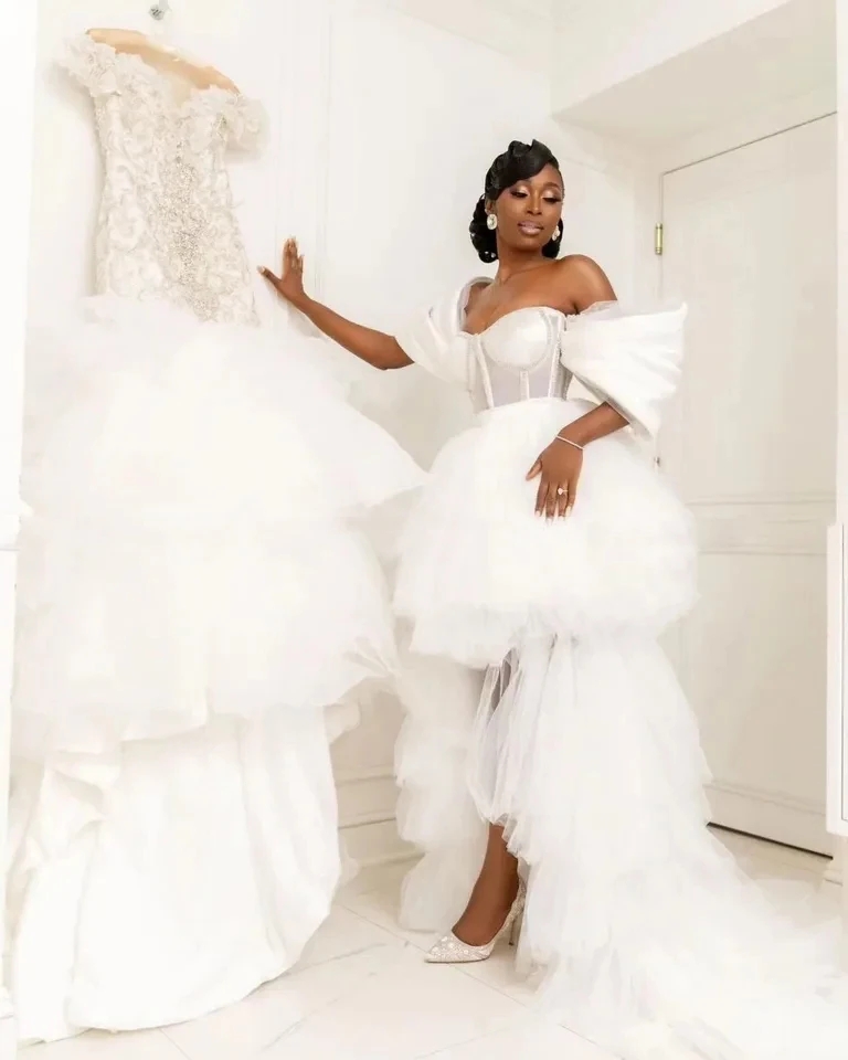 New Arrival White High Low Prom Birthday Dress 2024 Off the Shoulder Puff 3D Sleeves Tulle Evening Formal Party Gowns Robe De Soiree