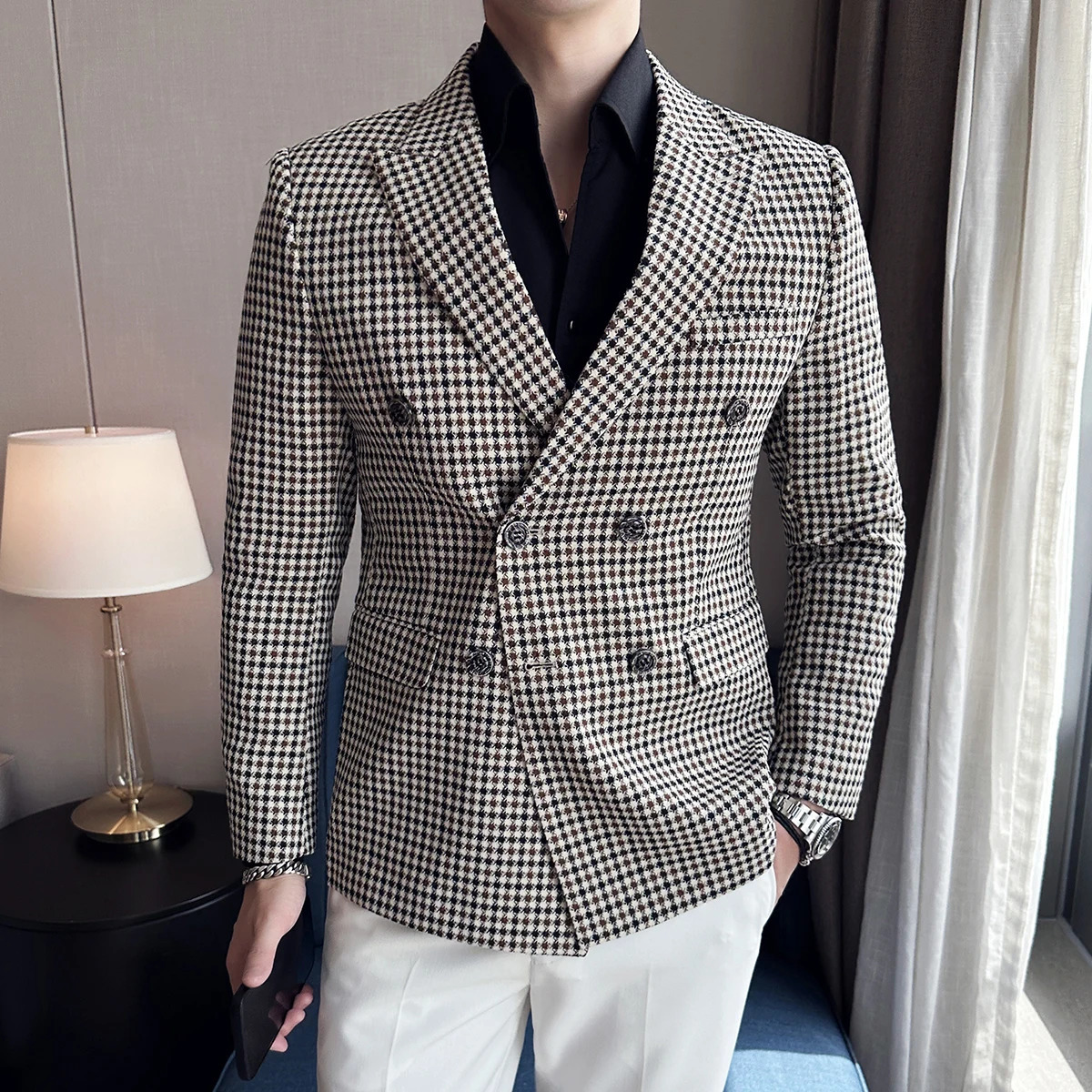 British Style Fashion Double Breasted Casual Blazer Coat 2023 Men Check Slim Fit Suit Jacket Formal Office Wedding Tuxedo 240311