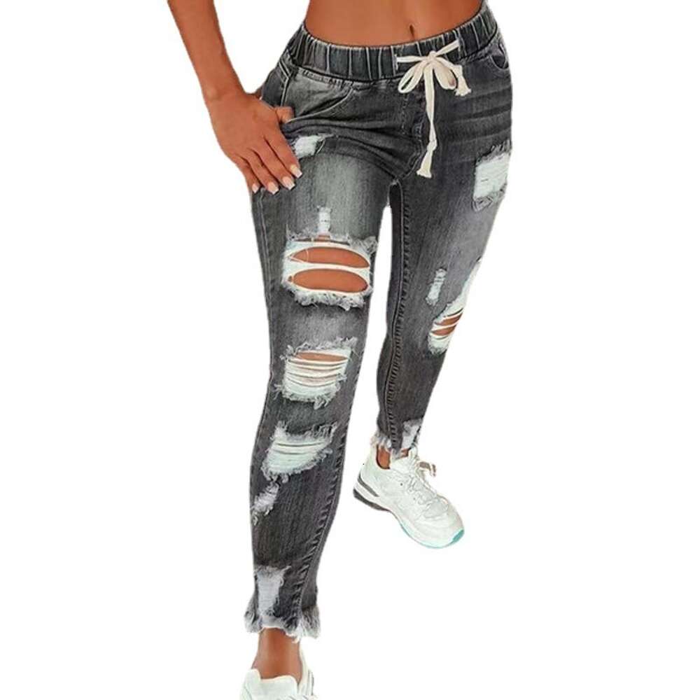 2024 High Waisted Distressed Elastic Waist Drawstring Jeans for Women