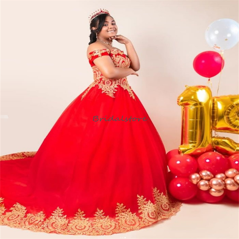 VIntage Red Quinceanera Dresses 2024 Gold Appliques Vestidos De Xv Anos Off Shoulders Sweet 16 Dress Elegant Debutante 15 Vestido De Para Fifteen Form