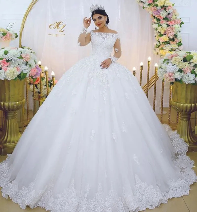 Dubai Arabic Ball Gown Wedding Dresses Long Sleeves Lace Appliques Bridal Gowns Plus Size Or Length White Tulle Bride Dress S