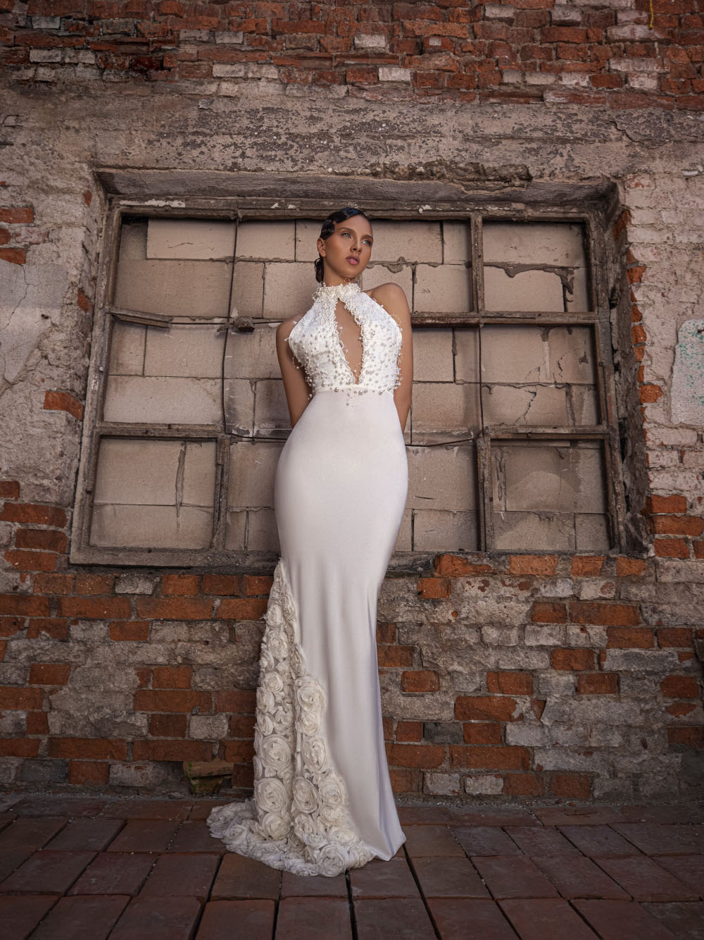 Pearls Mermaid Exquisite Wedding Dresses For Bridal Halter 3D Flower Train Vestidos De Novia Keyhole Backless Bride Robe De Mariage