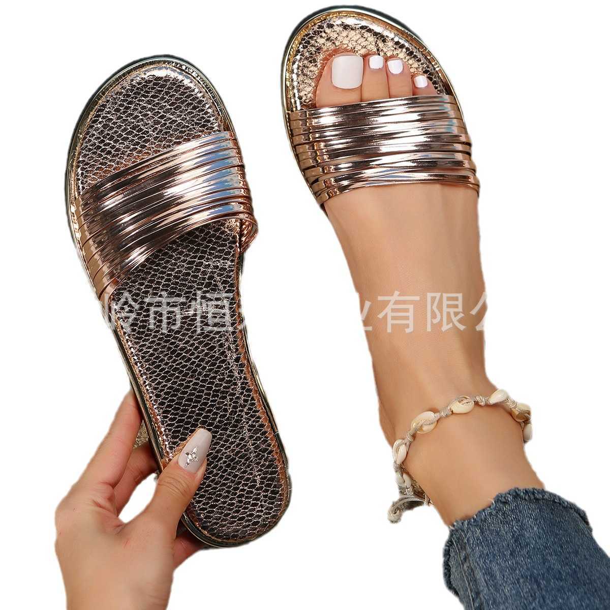 Sandals Womens Slippers 2023 Summer New Minimalist Slim Strap Flat Bottom Cool Slippers One Line Outward Wearing Slippers for Women J240315