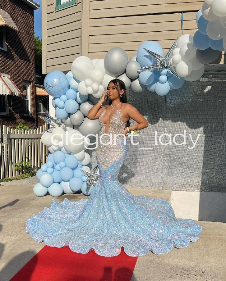 Sky Blue Sparkly Long Evening Formal Dresses for Women Luxury Diamond Crystal Velvet Sexy Black Girl Prom Birthday Gala Dress