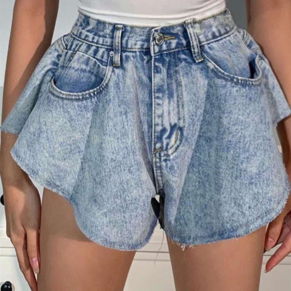 Summer New Women's Denim Shorts Irregular Jeans High Waist Ruffle Edge Flare Pants