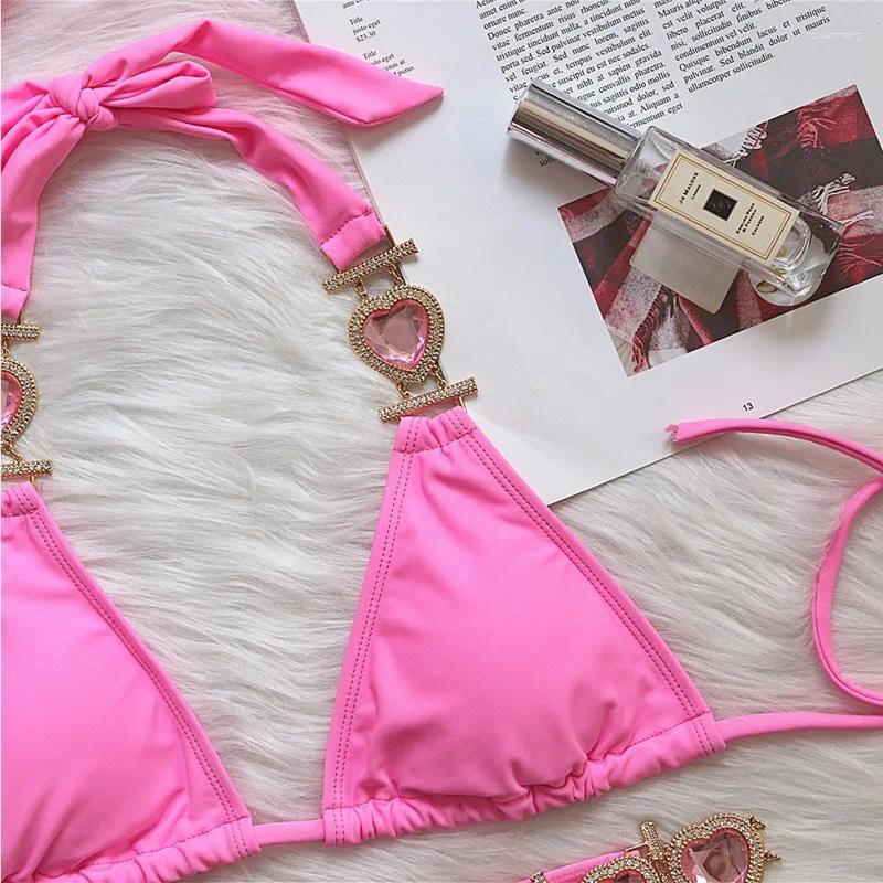 Women's Swimwear Pink Sexy Bikinis Swimsuit with Heart Rhinestones Women Female Push Up Bikini Beach Swim Wear Bathing Suits Pool Bather
