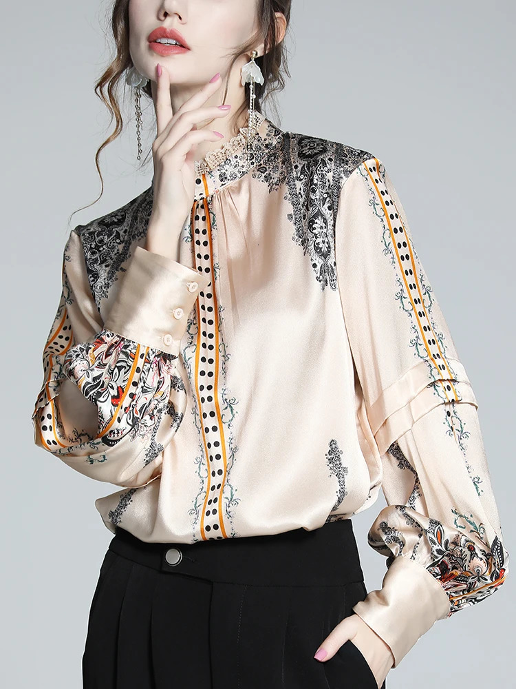 EVNISI French Printed Woman Blouse Silk Satin Shirt Elegant Loose Lantern Sleeve Office Ladies Spring Autumn Pullover Tops 240315