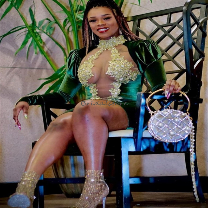 Green Velvet Short Prom Dresses 2024 High Neck Long Sleeve Appliques Beaded Mini Short Evening Dress Sexy Black Girls Cocktail Party Dresses Graduatio